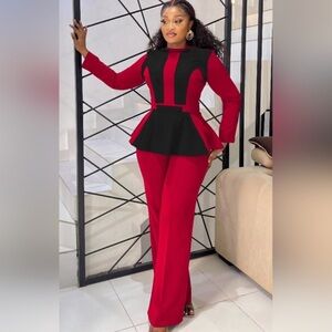 Red and Black Wide-Leg Pantsuit with Peplum Detail